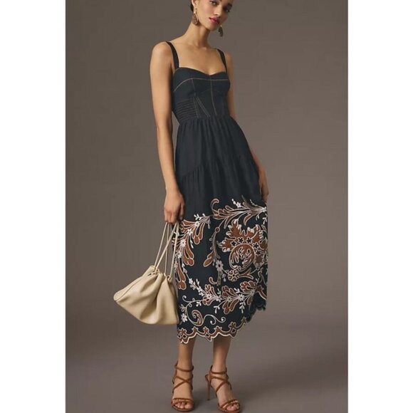 Anthropologie 1X Corset Bodice Linen Blend Embroidered Scalloped Hem Midi Dress - Picture 10 of 16